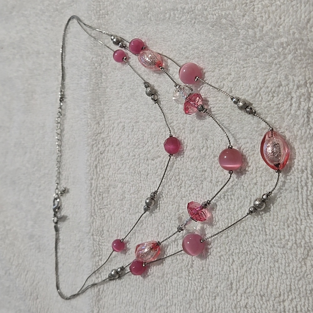 Three Strands Pink Cat Eye Glass Bead Necklace